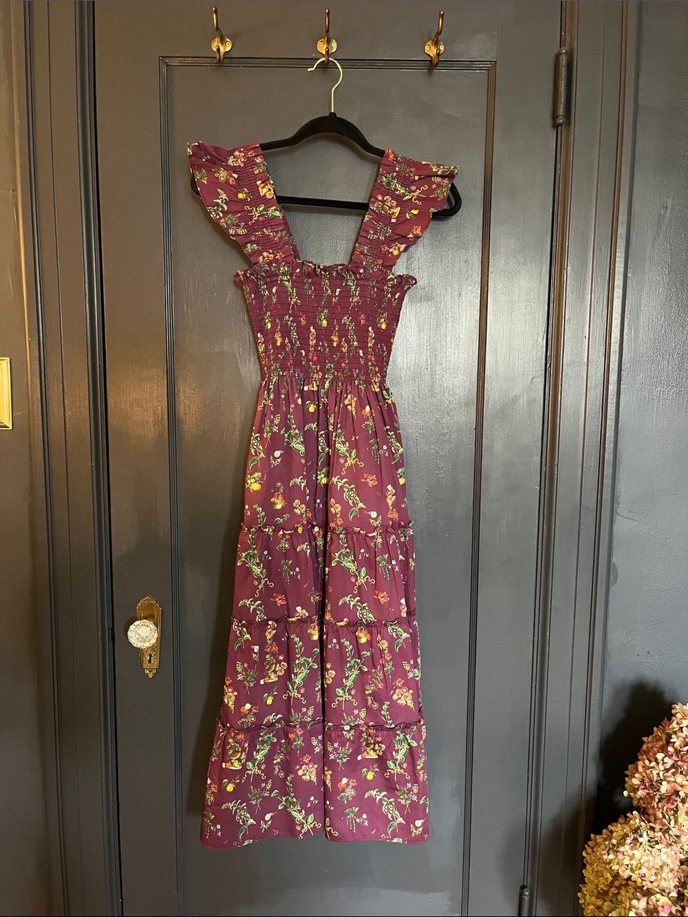 Hill House Burgundy Floral Midi Dress with Ruffle Straps